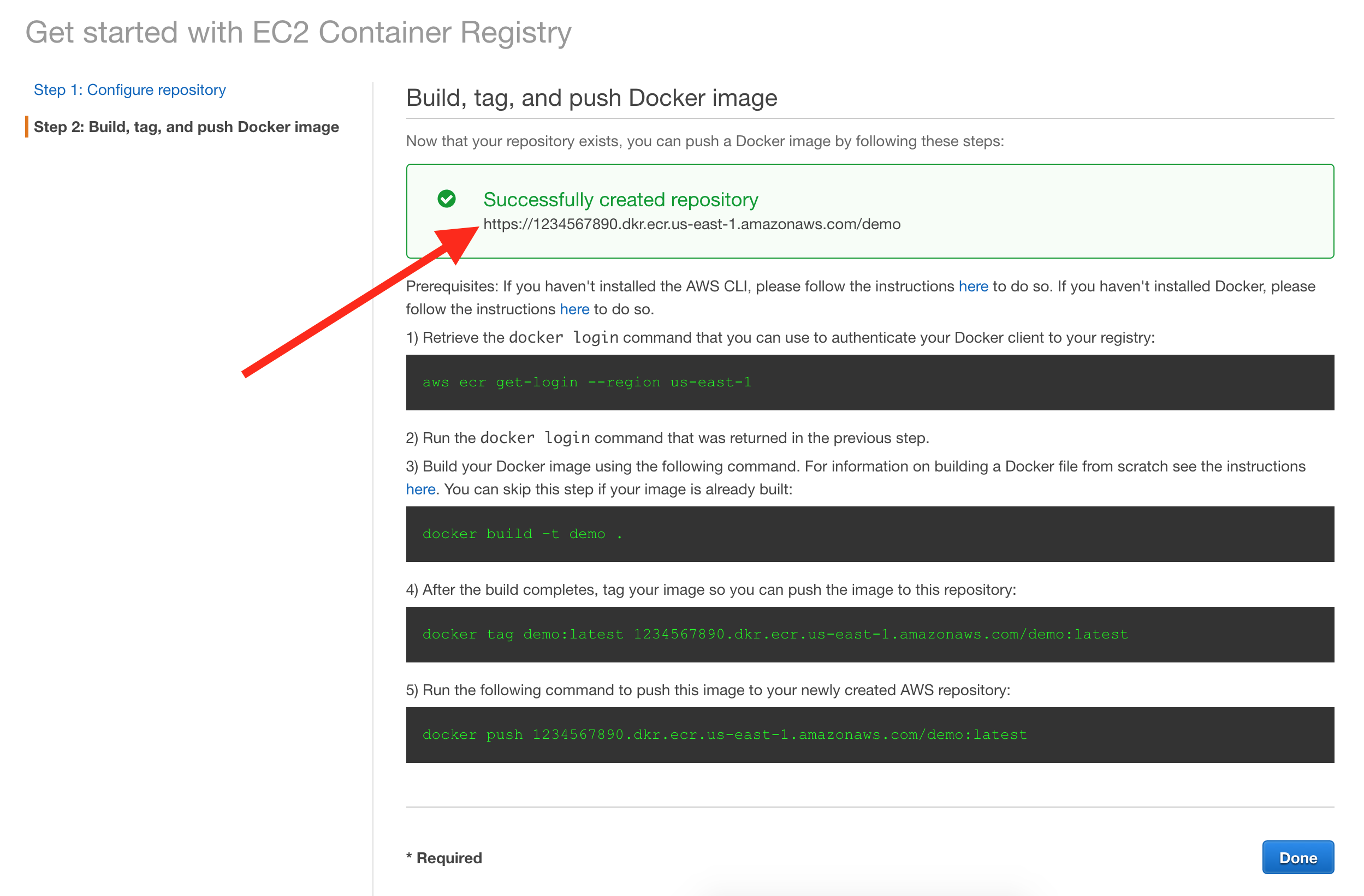 ECR Repository setup confirmation screen